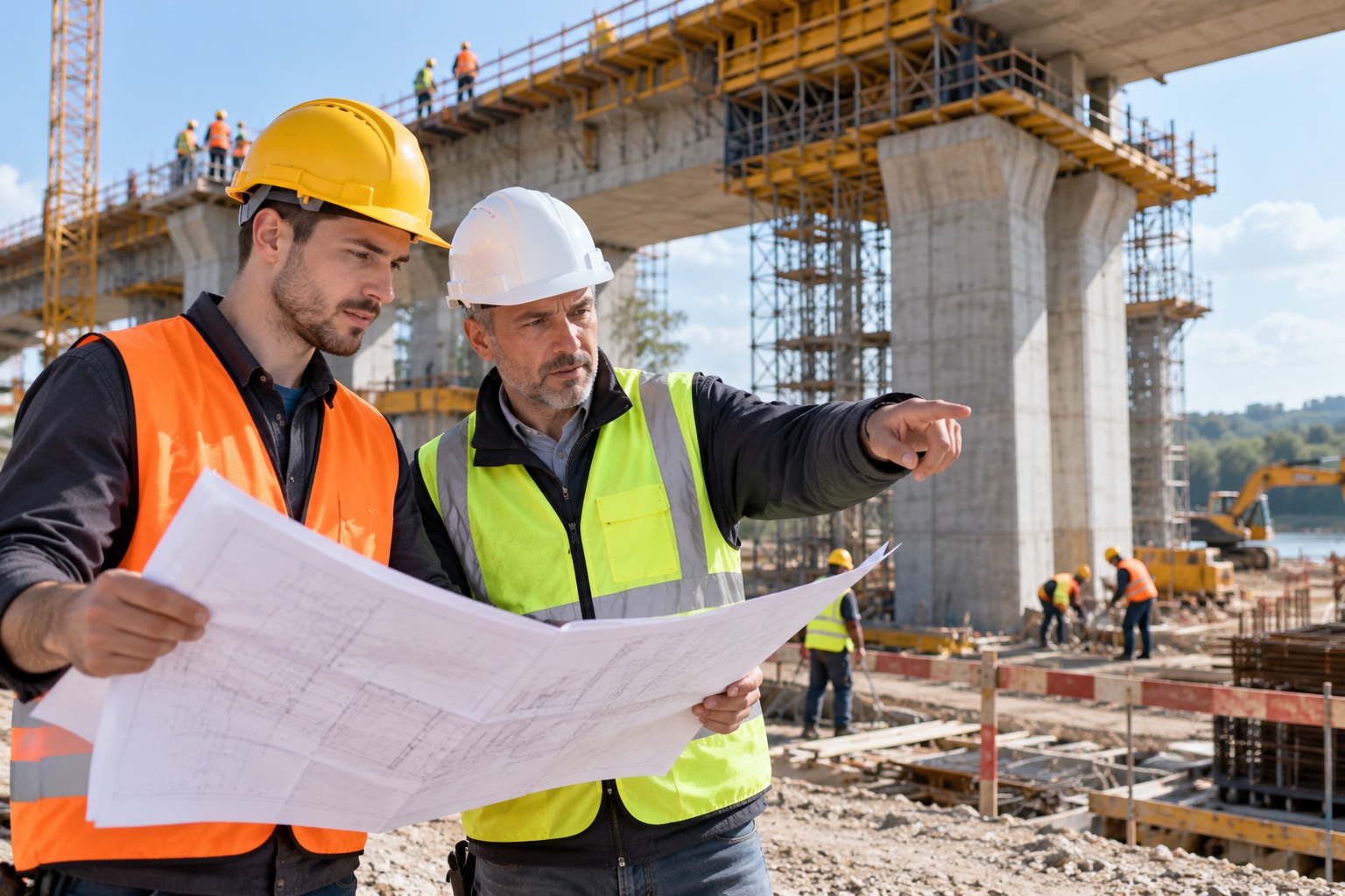 Ilustrativna fotografija inženjera gradilišta koji pregledavaju projektne nacrte na velikom infrastrukturnom gradilištu