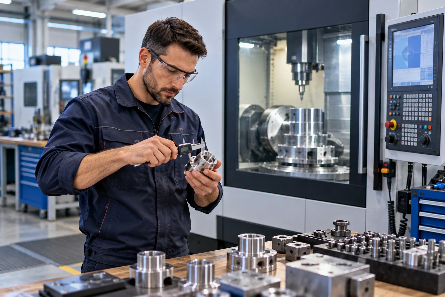 Ilustrativna fotografija CNC operatera koji mjeri precizno obrađen metalni dio pokraj suvremenog CNC obradnog centra