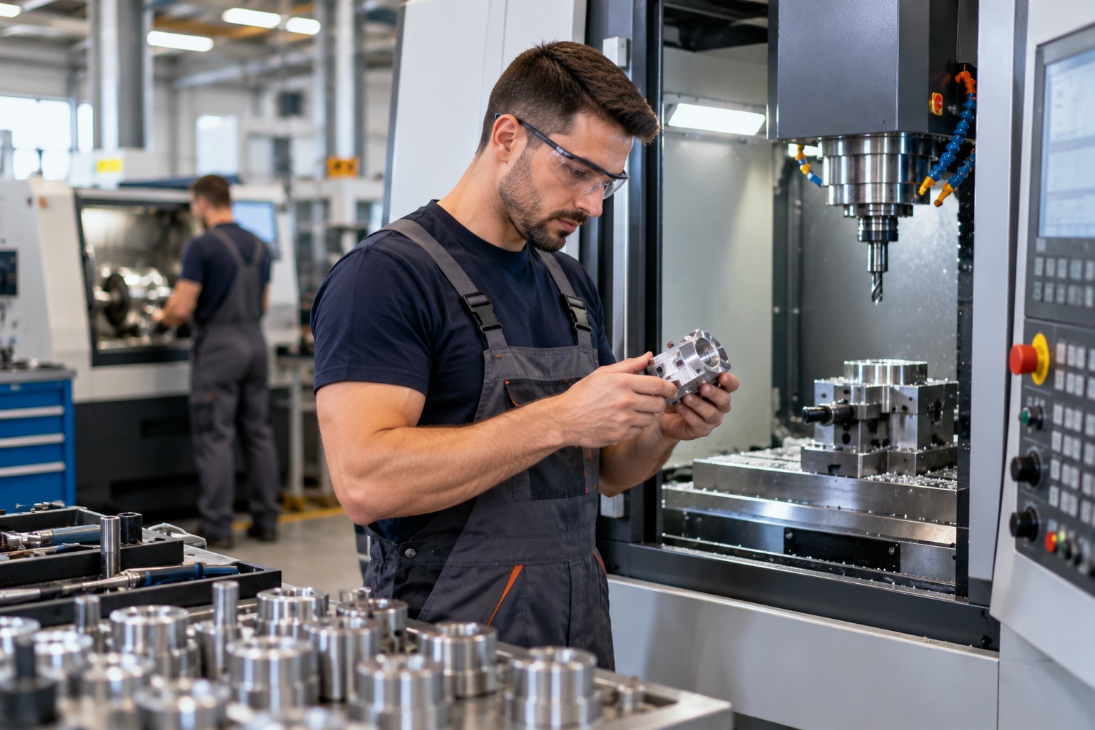Ilustrativna fotografija CNC operatera koji kontrolira precizno obrađenu metalnu komponentu uz suvremenu CNC glodalicu