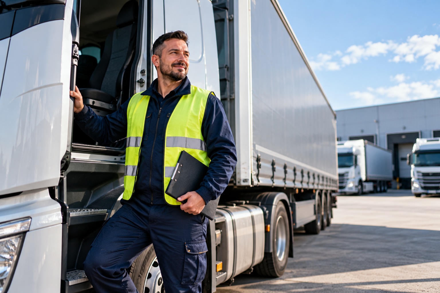 Ilustrativna fotografija profesionalnog vozača uz teretni kamion s poluprikolicom u logističkom centru