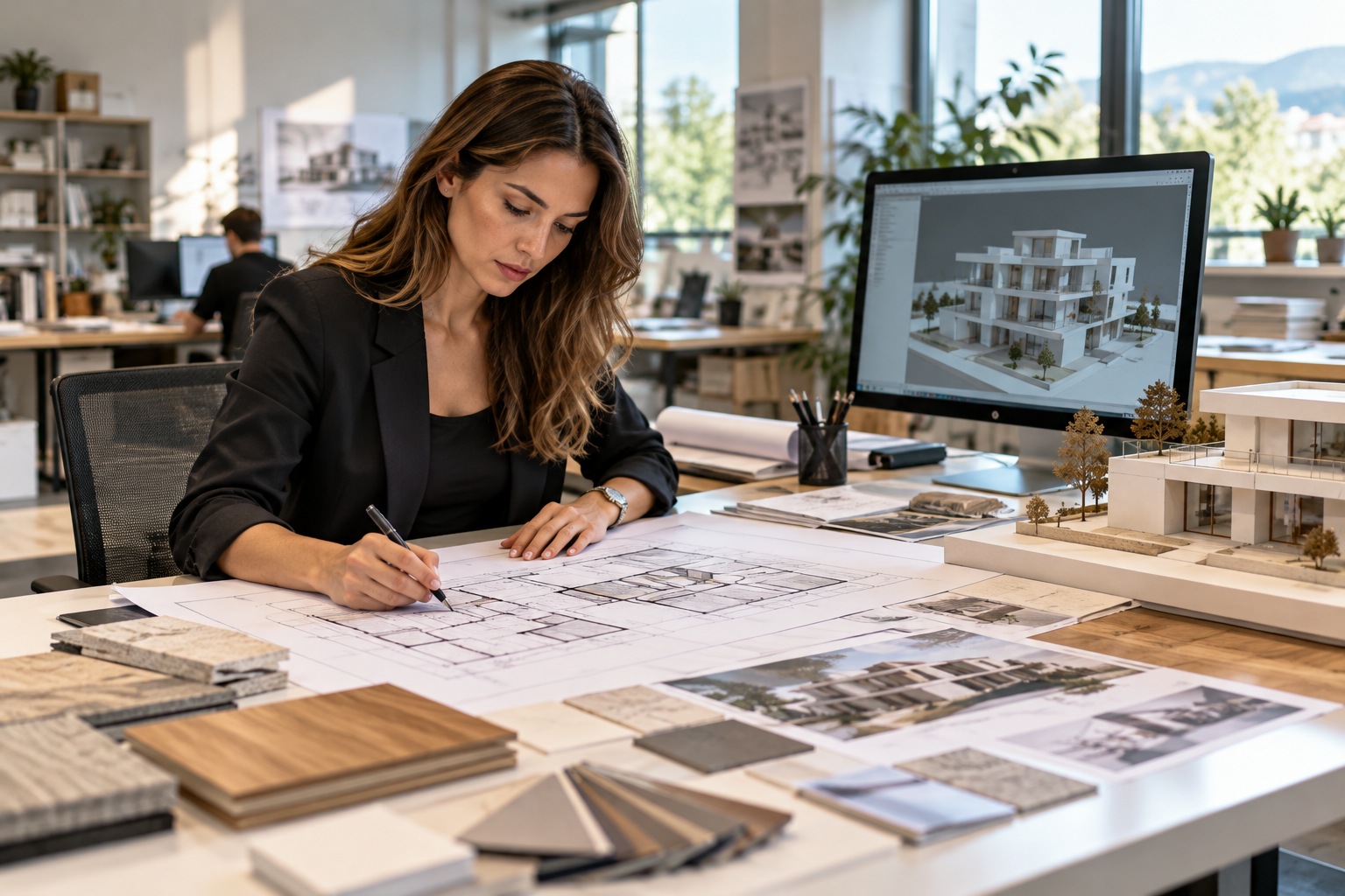 Ilustrativna fotografija arhitektice koja izrađuje projektne nacrte u suvremenom arhitektonskom studiju