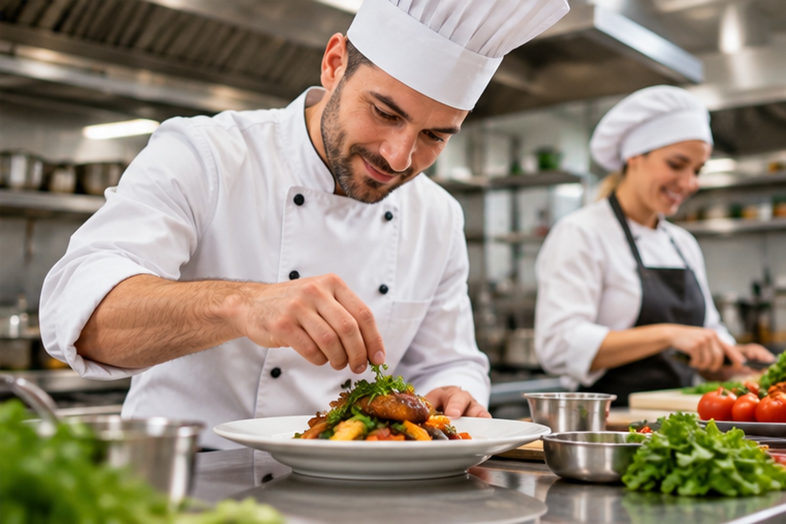 Ilustrativna fotografija kuhara koji priprema i dekorira jelo u profesionalnoj restoranskoj kuhinji